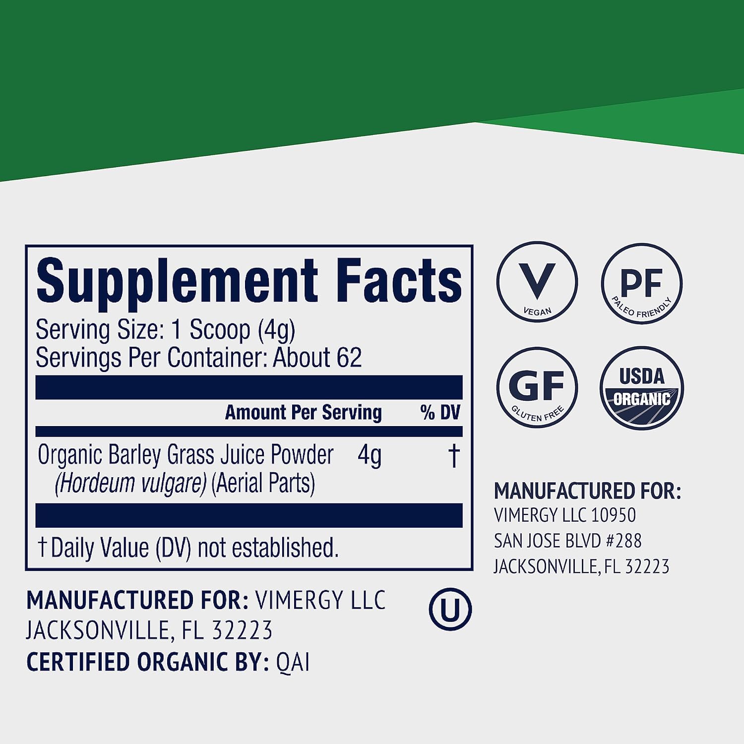 Vimergy Barley Grass Juice Powder Dietary Supplement - 0.8g per Serving (312 Servings) – Clean Superfood Formula – Promotes Cardiovascular Health* – Organic, Vegan & Gluten-Free – Regular Size 250g - Image 2