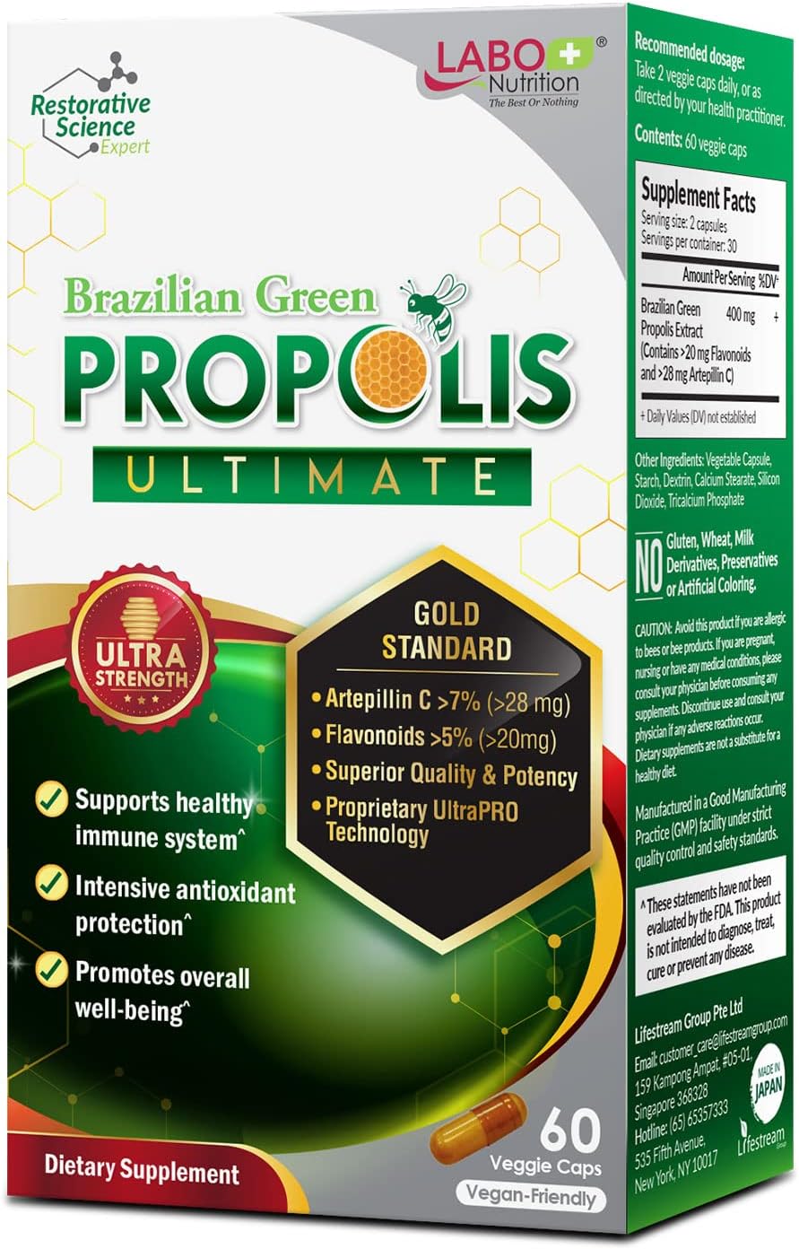 LABO Nutrition Brazilian Green Propolis Ultimate | >7% Artepillin C | 60 Caps