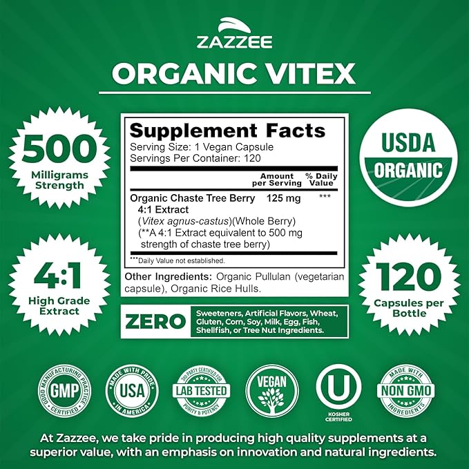 Zazzee USDA Organic Vitex 500mg | Hormone Balance & Fertility |120 Vegan Capsules - Image 2