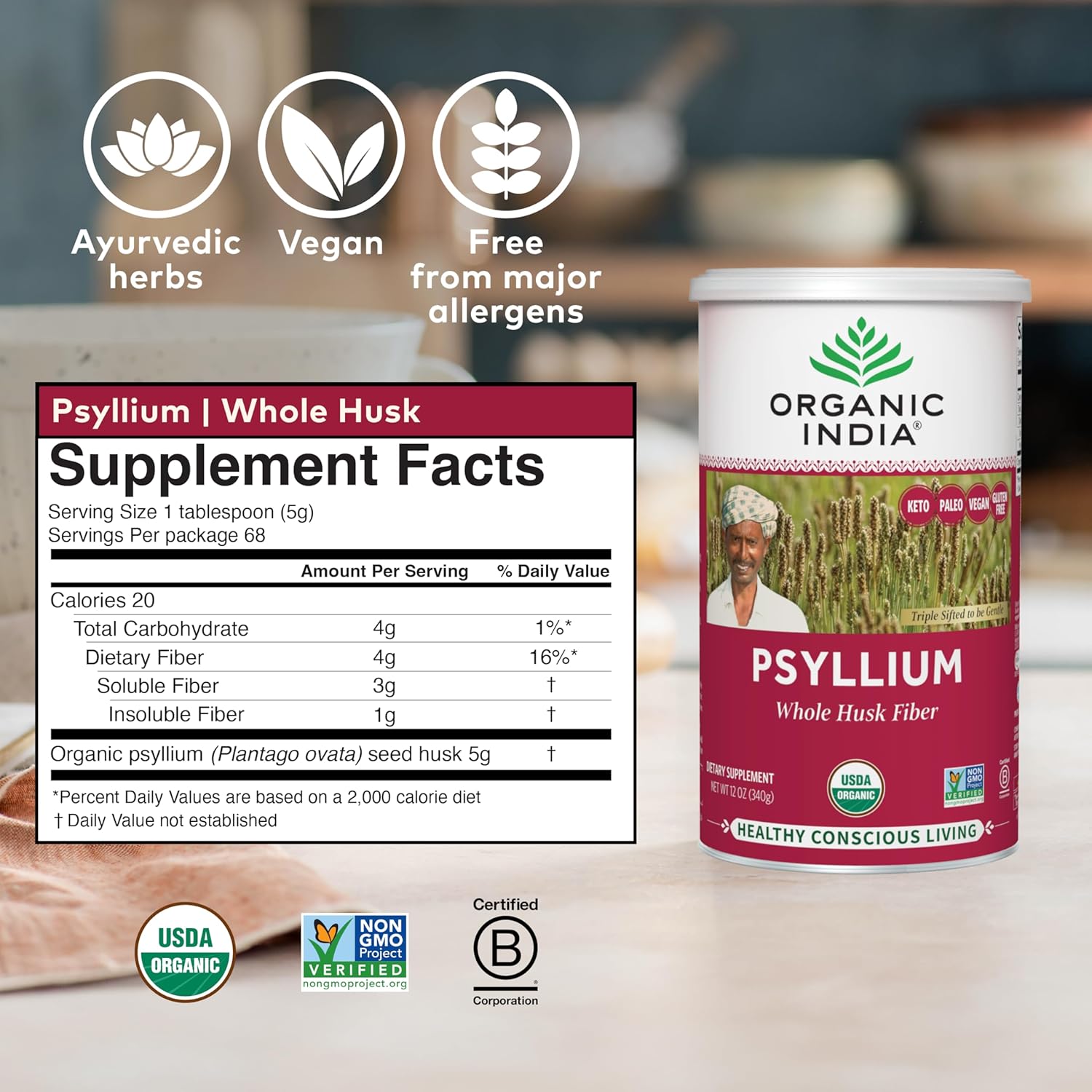 Essential Organic Whole Psyllium Husk Powder for Heart & Gut | 340 gm - Image 2