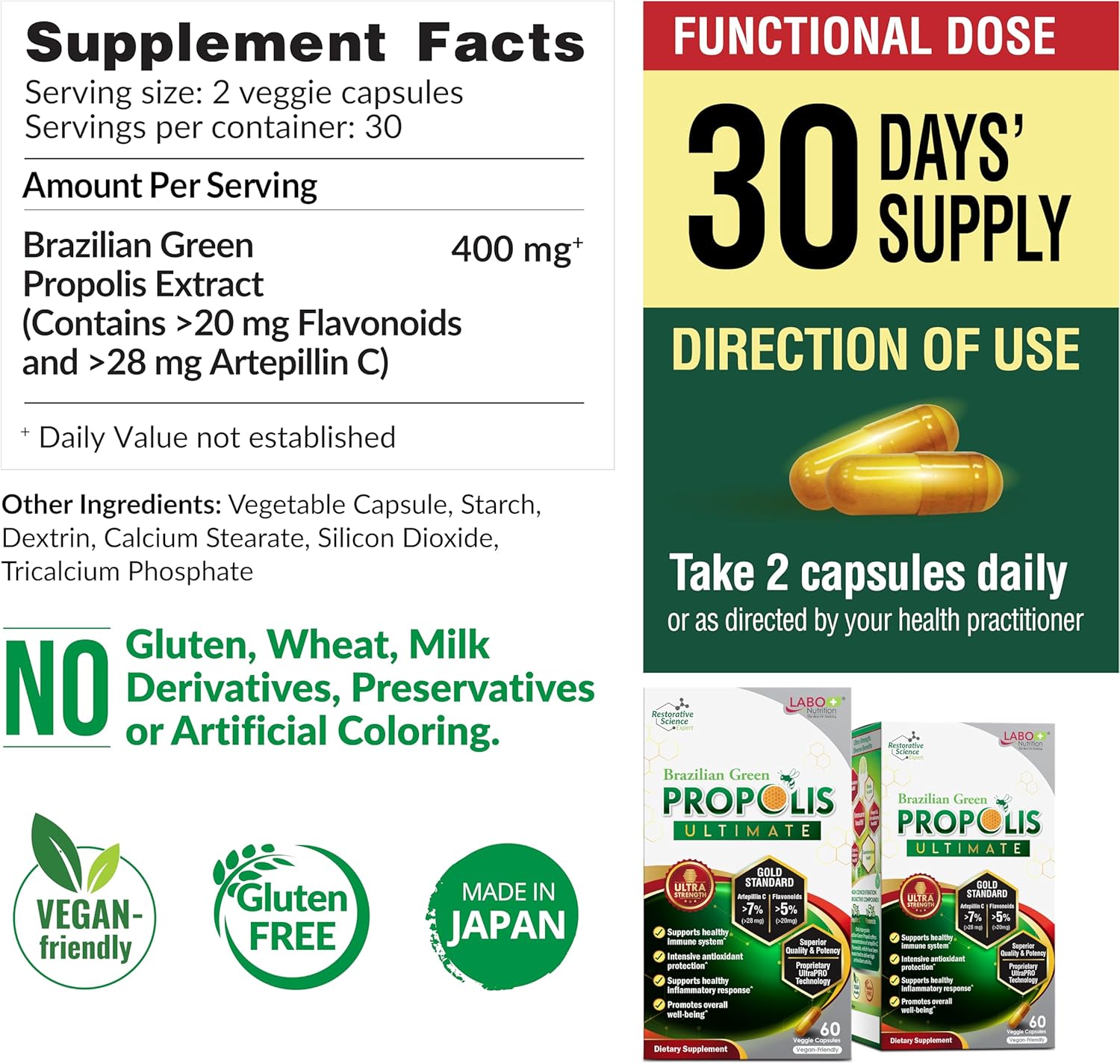 LABO Nutrition Brazilian Green Propolis Ultimate | >7% Artepillin C | 60 Caps - Image 2