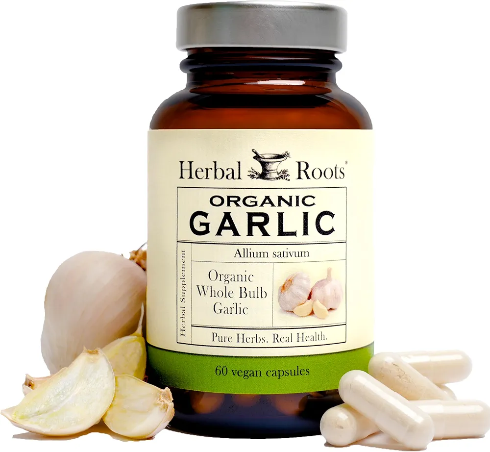 Herbal Roots Organic Whole Bulb Garlic Pills | 600 mg - 60 Organic Vegan Capsules