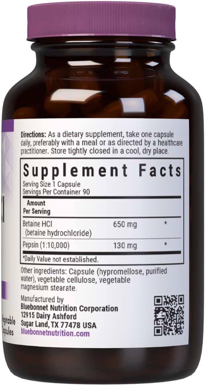 BlueBonnet Betaine HCI Plus Pepsin Vegetarian Capsules 600mg | Digestive Support | 90 Caps - Image 2