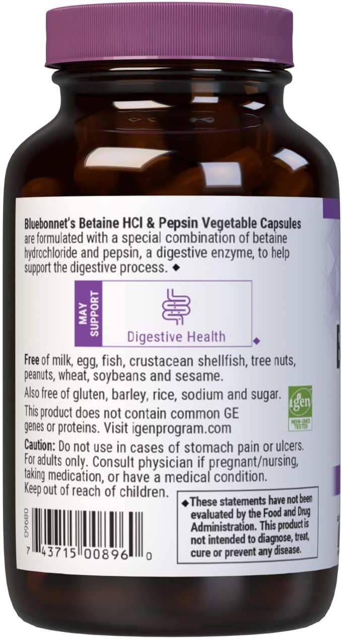 BlueBonnet Betaine HCI Plus Pepsin Vegetarian Capsules 600mg | Digestive Support | 90 Caps - Image 3