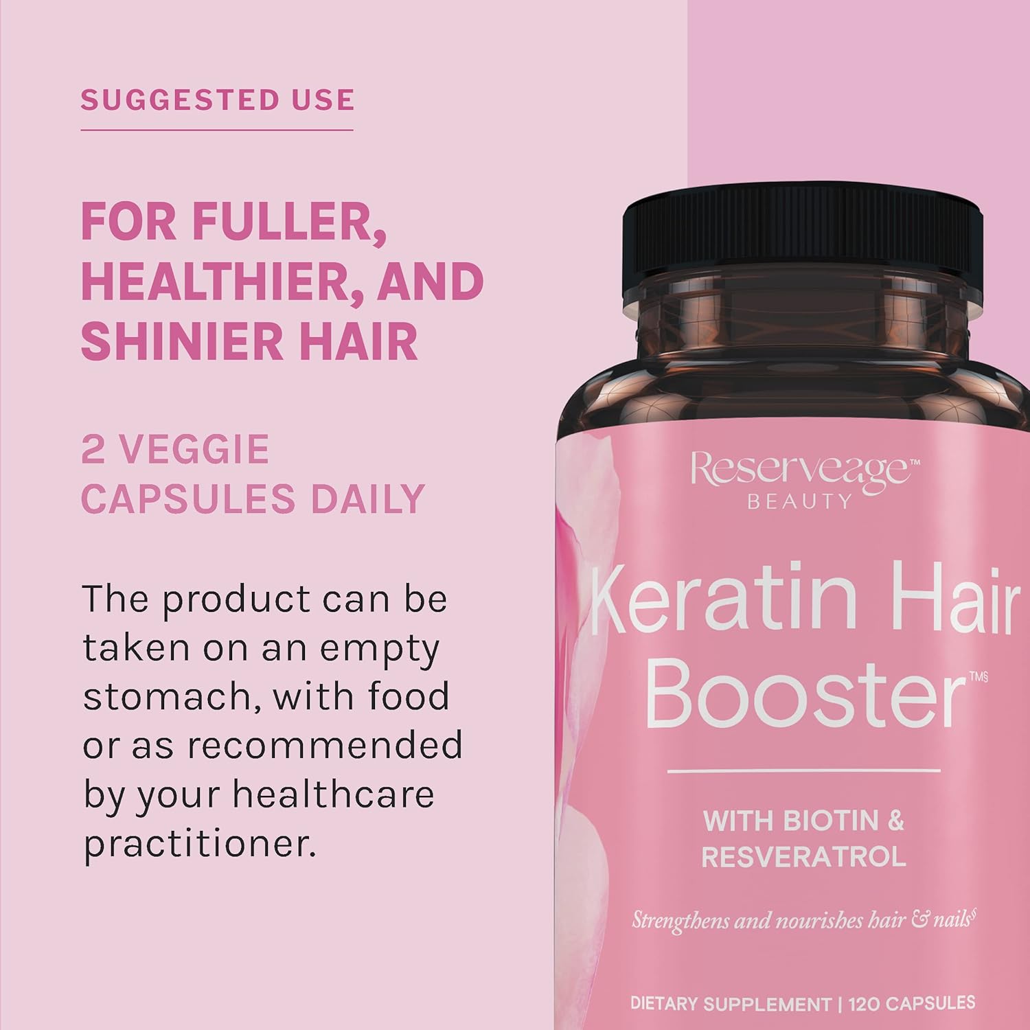 Reserveage Beauty Keratin Hair Booster with Biotin & Resveratrol - Hair & Nail Growth Supplement for Women - Supports Healthy Thickness & Shine with Biotin - 120 Capsules (60 Servings) - Image 6