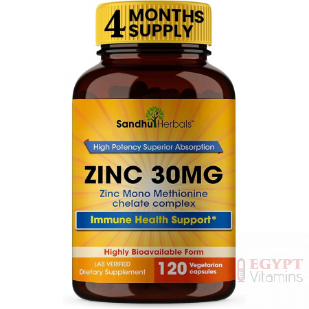 SANDHUHERBALS Zinc 30mg Capsules for Men & Women | 120 Count (Pack of 1) | Zinc Supplements for Immune & Antioxidant Support | Zink 30 mg Supplement Supports Skin Health