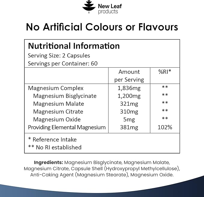 Magnesium Glycinate 4-in-1 Complex 1836mg – 381mg Elemental Per Serving – High-Strength Magnesium with Bisglycinate, Citrate, Malate, Oxide – 120 Vegan Capsules – UK Manufactured by New Leaf - Image 2