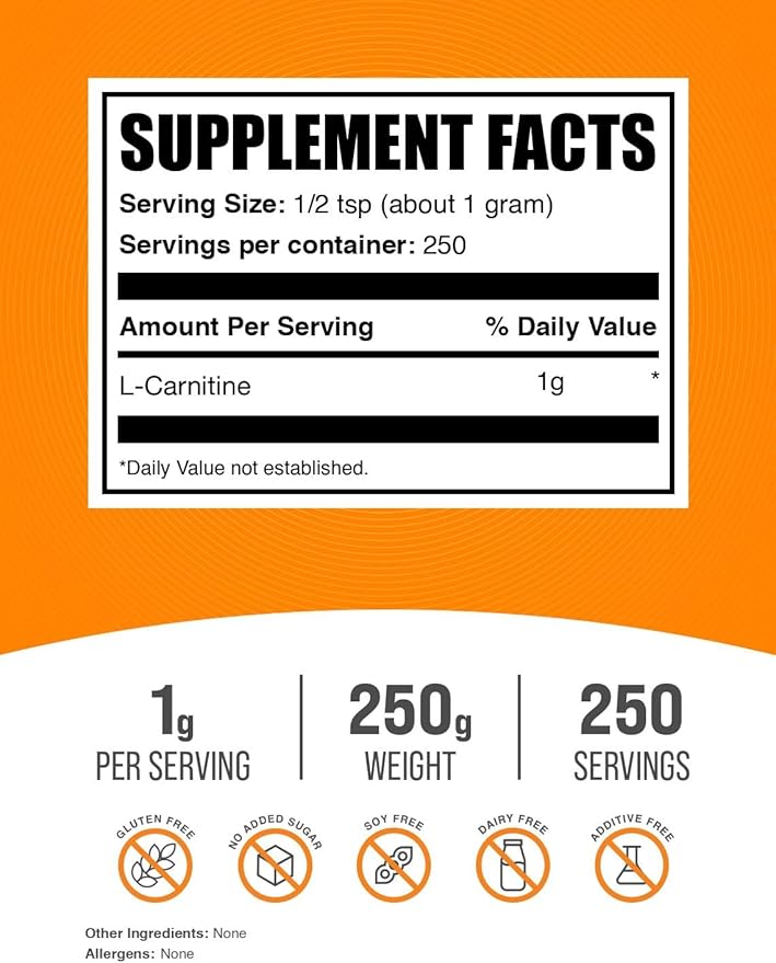 BulkSupplements.com L-Carnitine Powder - Carnitine Supplement, Amino Acid Supplement - Unflavored & Gluten Free, 1g per Serving, 250g - Image 2