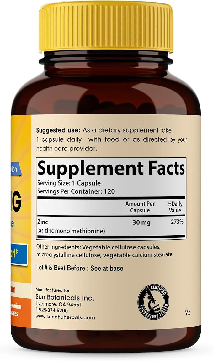 SANDHUHERBALS Zinc 30mg Capsules for Men & Women | 120 Count - Image 2
