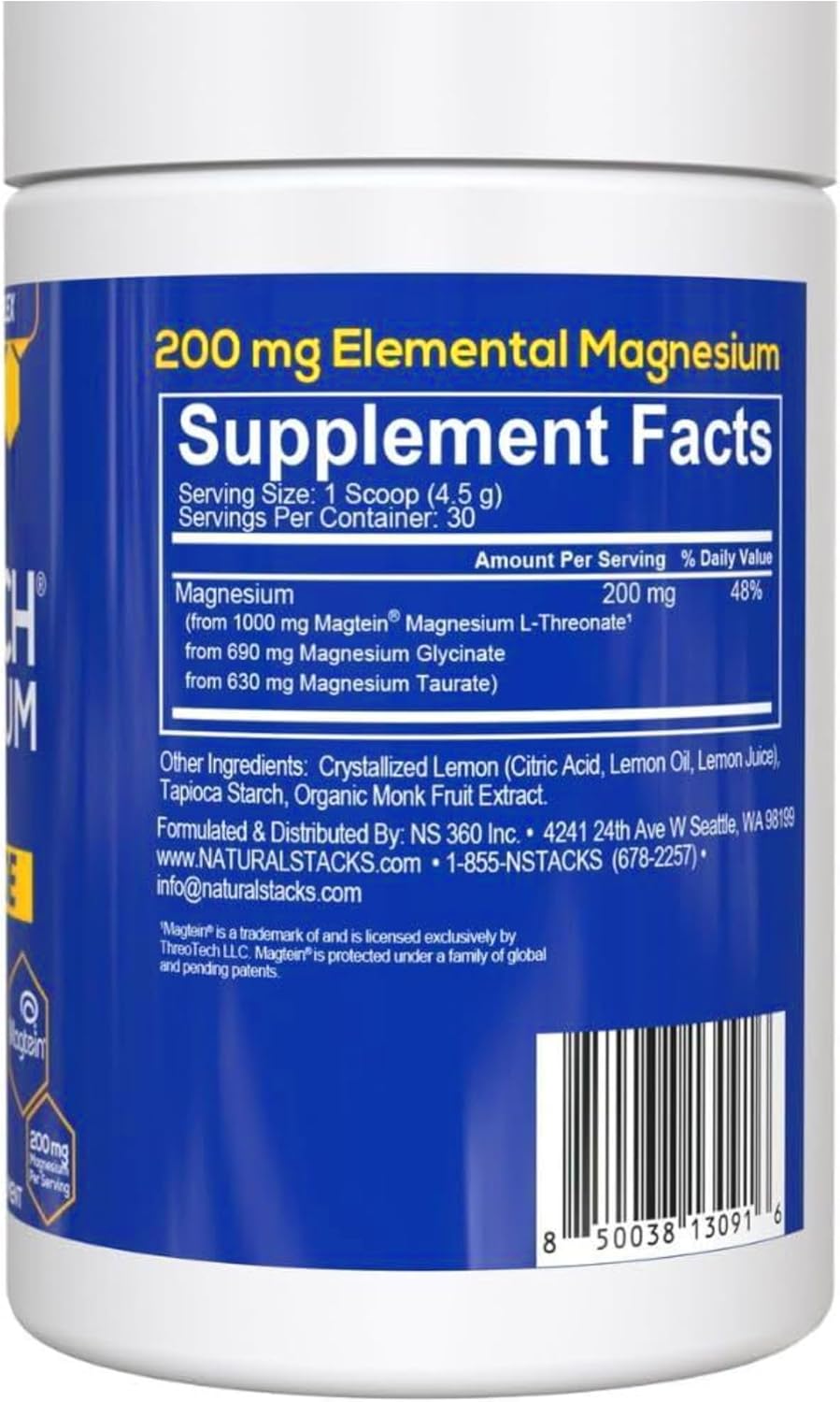 Magtein Magnesium L-Threonate, Glycinate & Taurate - MagTech Magnesium Powder - Sugar Free Lemonade Drink - 200mg Chelated Triple Complex - Supports Relaxation & Brain Health* - 30 Servings Overall Pick - Image 4
