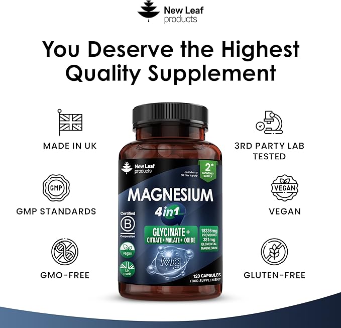 Magnesium Glycinate 4-in-1 Complex 1836mg – 381mg Elemental Per Serving – High-Strength Magnesium with Bisglycinate, Citrate, Malate, Oxide – 120 Vegan Capsules – UK Manufactured by New Leaf - Image 4