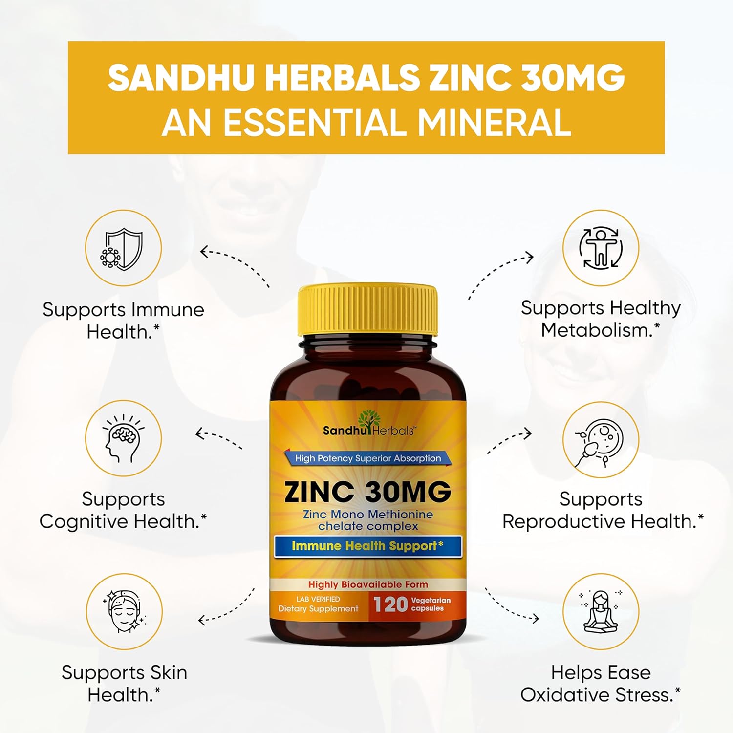 SANDHUHERBALS Zinc 30mg Capsules for Men & Women | 120 Count - Image 3