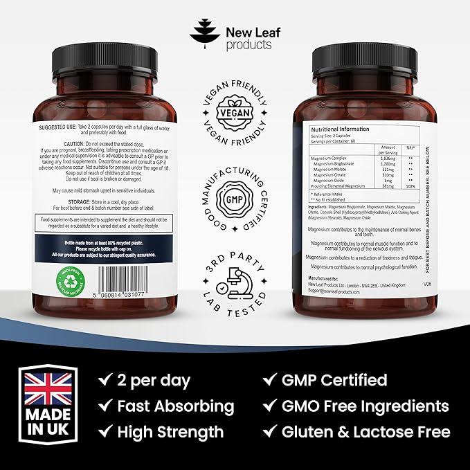 Magnesium Glycinate 4-in-1 Complex 1836mg – 381mg Elemental Per Serving – High-Strength Magnesium with Bisglycinate, Citrate, Malate, Oxide – 120 Vegan Capsules – UK Manufactured by New Leaf - Image 3