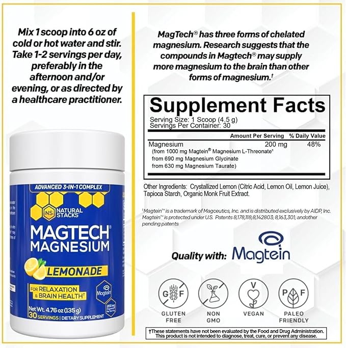 Magtein Magnesium L-Threonate, Glycinate & Taurate - MagTech Magnesium Powder - Sugar Free Lemonade Drink - 200mg Chelated Triple Complex - Supports Relaxation & Brain Health* - 30 Servings Overall Pick - Image 5