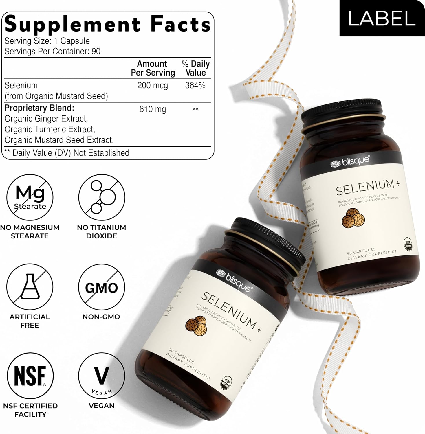 Blisque - Organic Selenium for Thyroid Support, Immune System, and Heart Health | with Organic Mustard Seeds | Authentic and Natural | 90 Capsules - Image 2