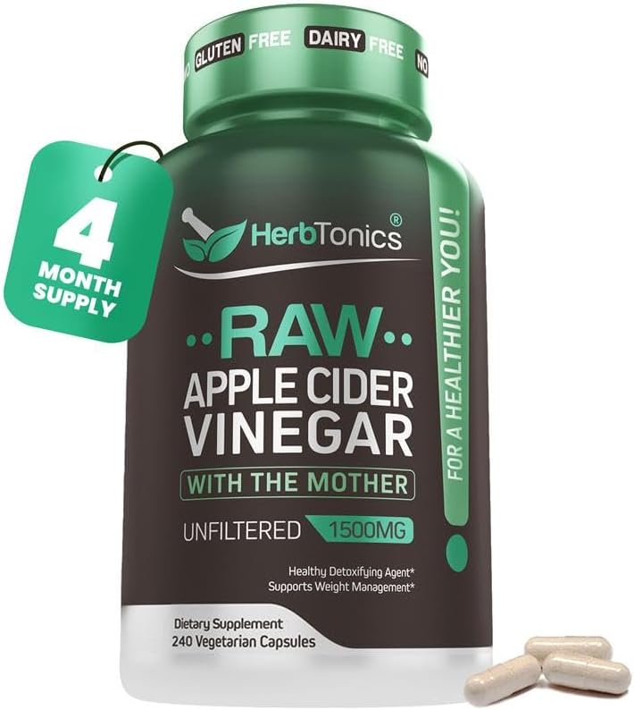 Herbtonics Raw Apple Cider Vinegar ( ACV ) Capsules (1500mg) | 240 Count
