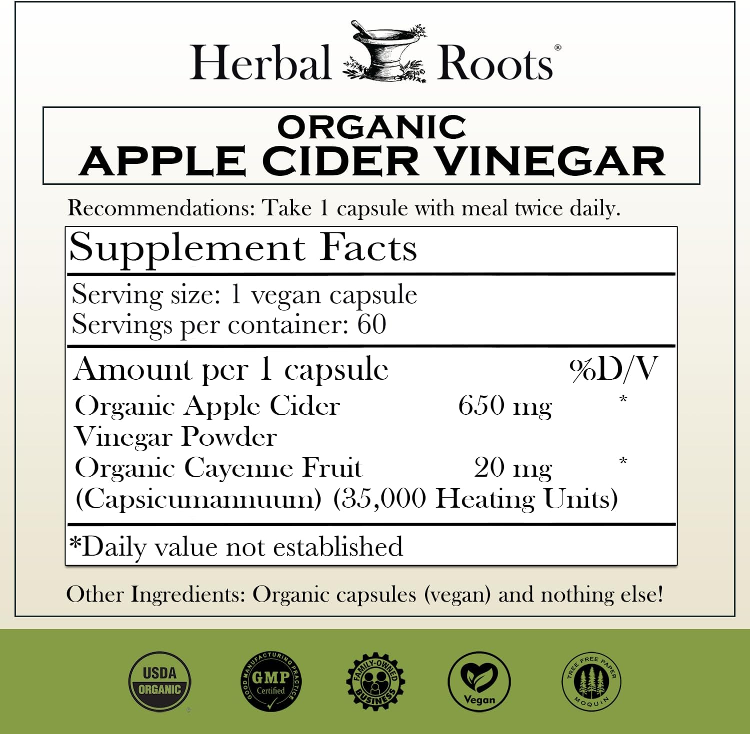 Herbal Roots Organic Apple Cider Vinegar + Cayenne | 650mg | 60 Vegan Capsules - Image 2