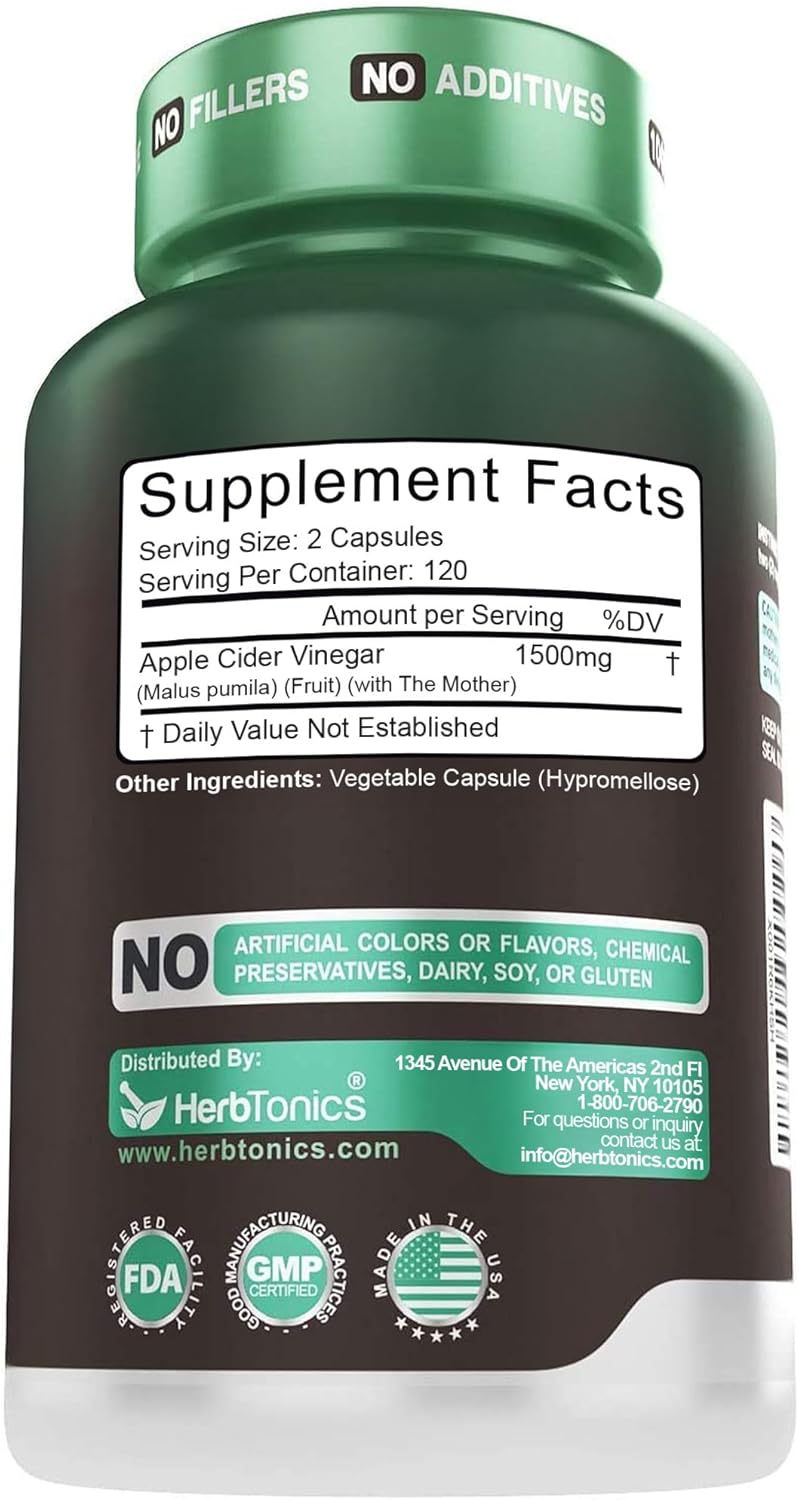 Herbtonics Raw Apple Cider Vinegar ( ACV ) Capsules (1500mg) | 240 Count - Image 2