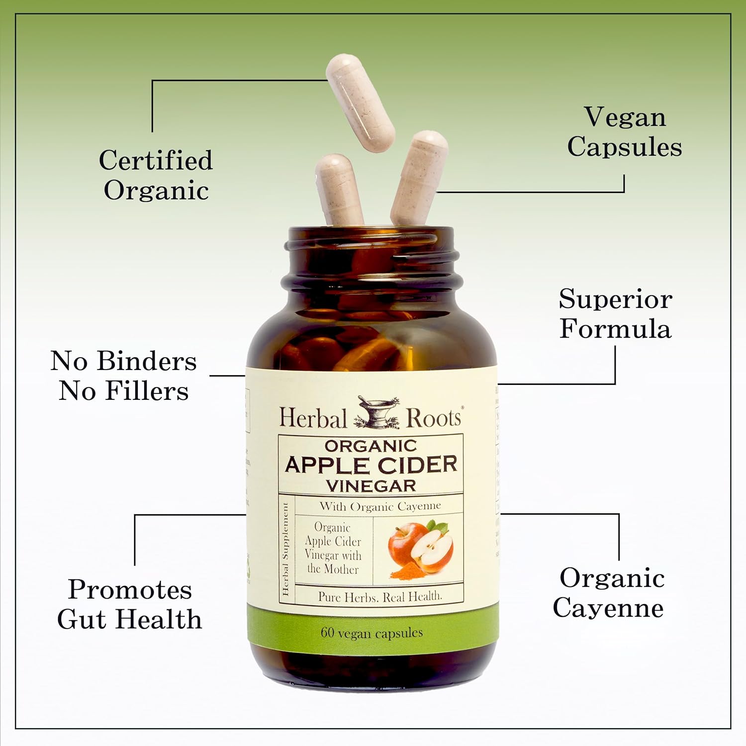 Herbal Roots Organic Apple Cider Vinegar + Cayenne | 650mg | 60 Vegan Capsules - Image 6