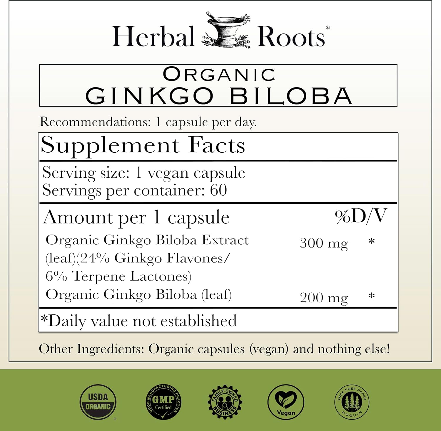 Herbal Roots Organic Ginkgo Biloba | 60 Organic Capsules - Image 2