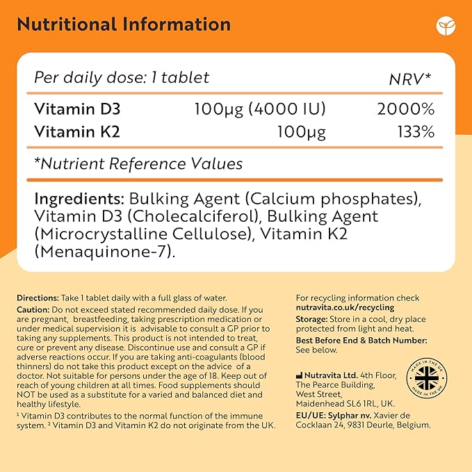 Nutravita Vitamin D3 4000 IU & Vitamin K2 100μg (MK7) | Supports Bone | 180 Tablets - Image 2