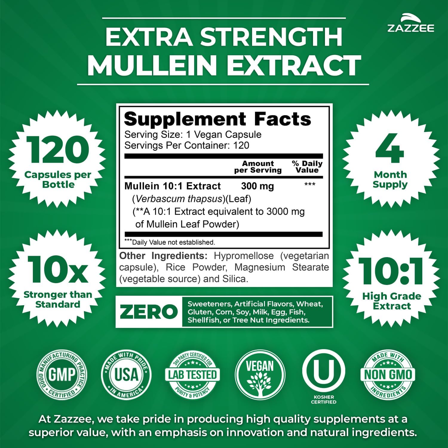 Zazzee Mullein Leaf Extract | Lung Support | 120 Capsules - Image 2