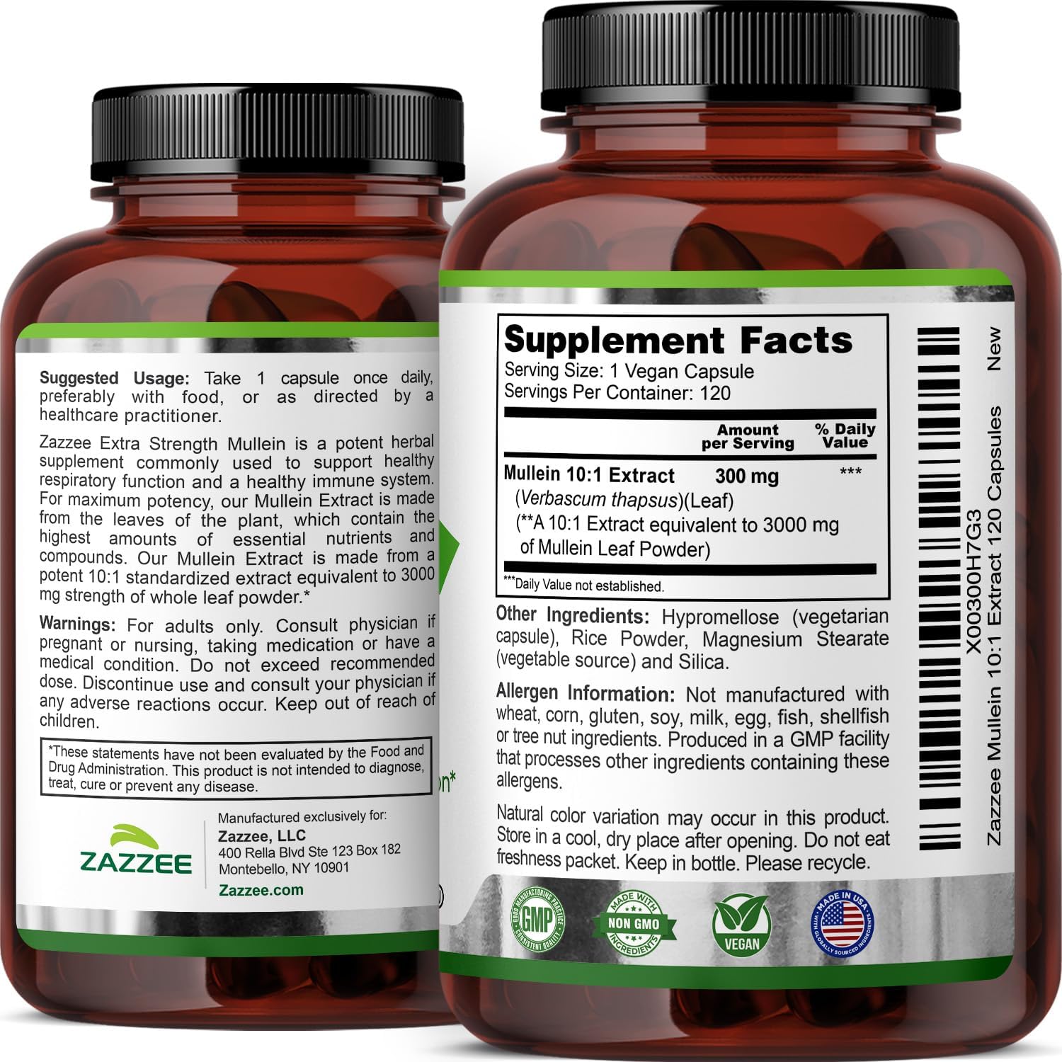 Zazzee Mullein Leaf Extract | Lung Support | 120 Capsules - Image 3